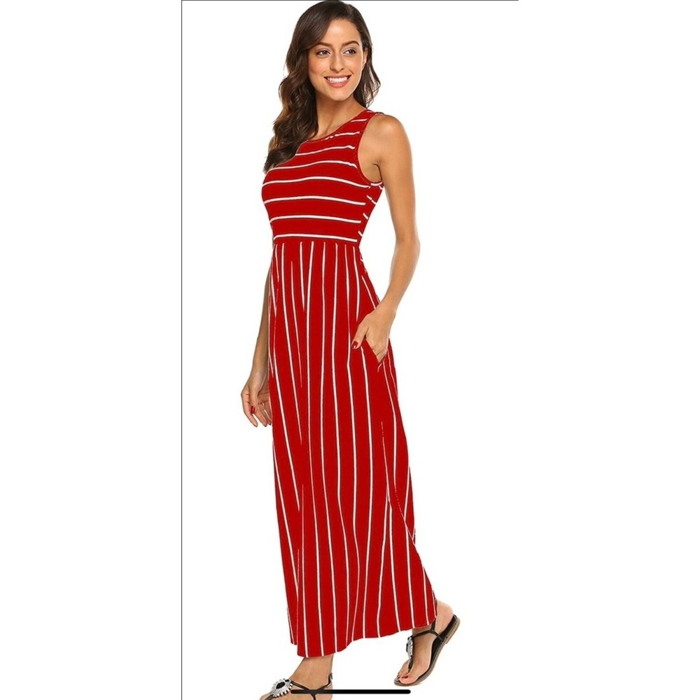 Hount Maxi Dress Womens Large Red‎ White Striped Sleeveless Beach Hippie Casual